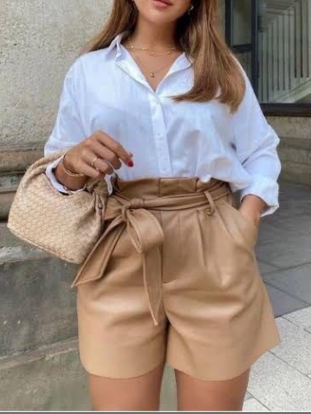 Zara High-Waist Tie-Belt Faux Leather Shorts - Camel